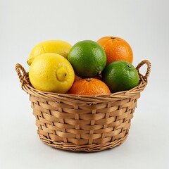 Small round basket filled with citrus fruits lemons limes mandarins