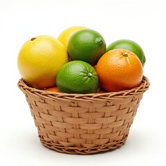 Small round basket filled with citrus fruits lemons limes mandarins