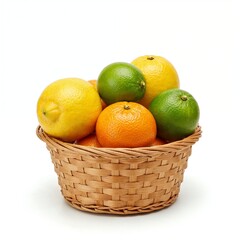 Small round basket filled with citrus fruits lemons limes mandarins
