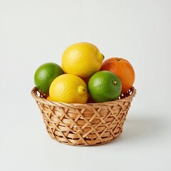 Small round basket filled with citrus fruits lemons limes mandarins