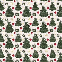 Seamless Christmas pattern with decorated fir trees, red baubles, cozy candles and golden stars, festive holiday winter background for wrapping paper, textiles and greeting cards