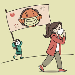 Woman hiding behind social mask. Moving banner with unhappy girl putting on mask of happiness and joy and hiding real emotions. Social norms and pressure. Cartoon flat animated .