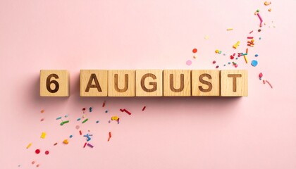 Wooden Blocks with Date 6 August. Calendar for birthday or anniversary on solid colored background with confetti