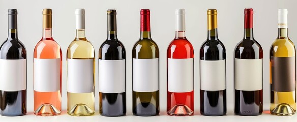 A collection of wine bottles with blank labels isolated on a white background in a panoramic photo taken with real photography at a high resolution
