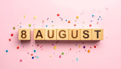 Wooden Blocks with Date 8 August. Calendar for birthday or anniversary on solid colored background with confetti