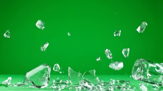 A sturdy glass bottle shatters from an unseen impact, sending fragments outward, isolated on a solid green screen dynamic, impact, power