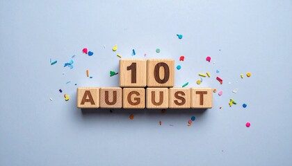 Wooden Blocks with Date 10 August. Calendar for birthday or anniversary on solid colored background with confetti