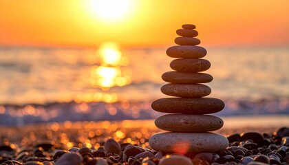 Obraz premium Stacked stones on beach at sunset, symbolizing harmony and balance.