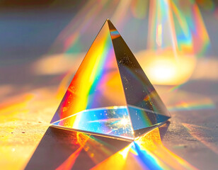Glass prism with rainbow light refraction on surface