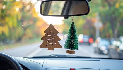 Tree air fresheners in autumn car interior, symbolizing personal comfort.