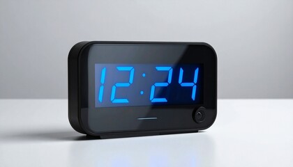 Digital clock on white surface showing 12:24, symbolizing modern timekeeping.