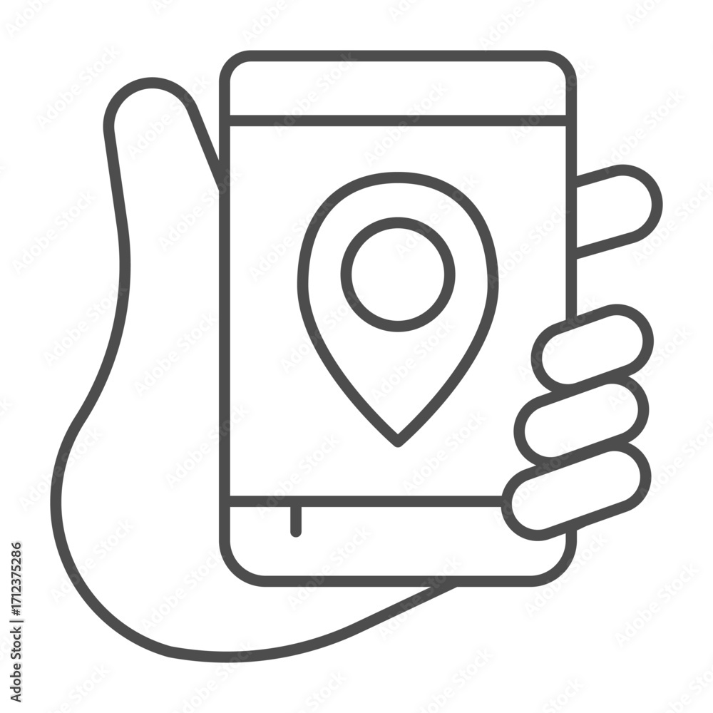 Aufkleber smartphone with location map pin in hand thin line icon, smart device concept, phone with gps naviga