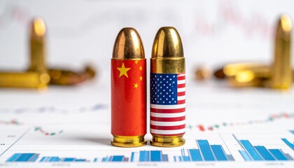 US-flag bullet beside plain round, with China flags and chart, symbolizing military tension.