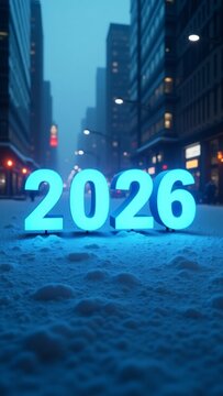 Glowing 2026 numbers in snow covered urban street. New Year celebration and winter holidays in city. Creative concept for future calendar or event.