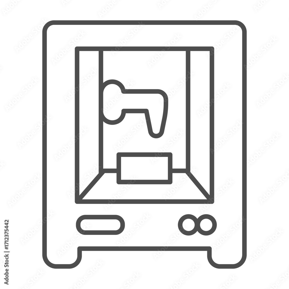 Poster 3d printer machine thin line icon, smart manufacturing concept, device print volumetric plastic obje