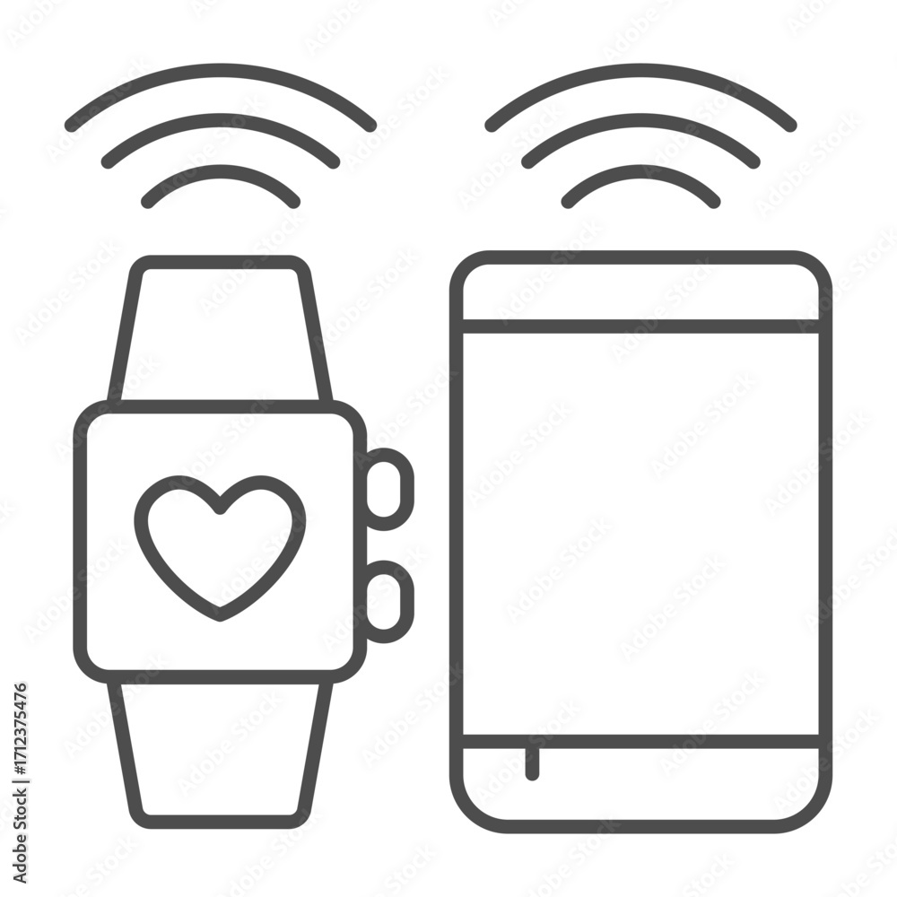 Poster smartphone with wrist smart bracelet and signals thin line icon, smart device concept, fitness track