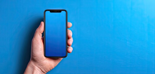Hand Holding Smartphone on Blue Background.