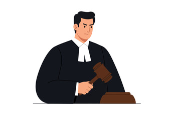 A cartoon judge in black robes holds a gavel