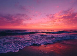 breathtaking sunset over the ocean, with vibrant pink and purple hues painting the sky above calm waters. 8K,