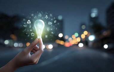 Illuminating Idea - Hand Holding Glowing Lightbulb with Digital Icons.