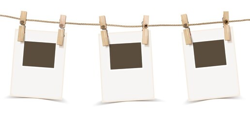 Set of blank photo cards and clothesline with wooden clothespins on a white background. Vector illustration. , isolated on a white background