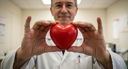 Man doctor holding red heart, concept of health, care, and medical treatment. Healthcare and cardiology awareness symbol for hospital.