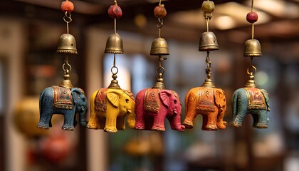 Obraz premium Colorful Indian wind chime with elephants and bells hanging from an umbrella,