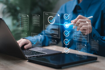 Document Management and Online Verification Concept, Businesswoman check electronic documents,...