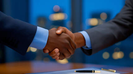 Corporate Negotiation Clash: Businesspeople in a boardroom in a heated discussion with a contract a pen and a sleek office with a skyline. high quality photo ultra high detail