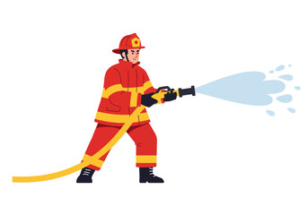 Fototapeta premium Firefighter in red gear sprays water from a hose