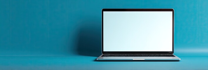 Laptop on blue background, modern technology concept.