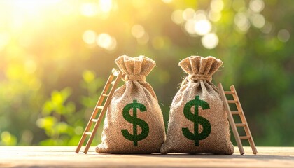 Dollar-sign sacks with ladder outdoors, symbolizing financial growth.