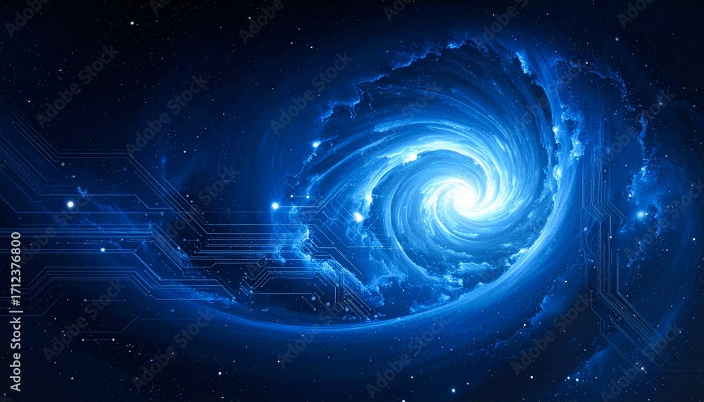 Aufkleber celestial tech – a cosmic swirl of deep-space blues with faint circuitry patterns emerging from the 