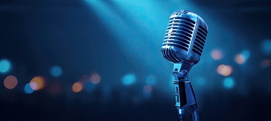 Vintage Microphone on Stage with Blue Lighting and Bokeh.