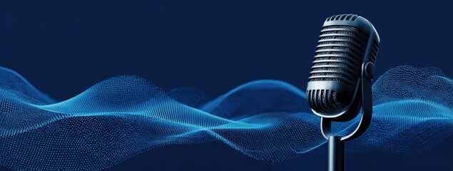 Vintage Microphone on Blue Background with Sound Waves.