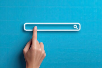 Hand touching search bar on blue background for online information.