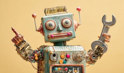 Vintage Robot Holding Wrench and Pointing, Retro Mechanical Toy.