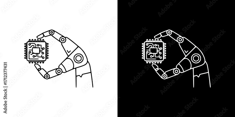 Poster robotic hand holding a chip with neural network, outline icon on transparent and black background