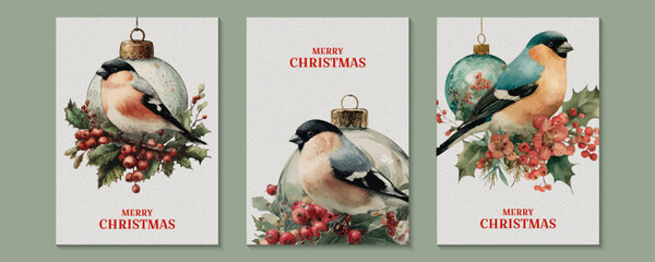 Watercolor Christmas card set with bullfinch birds sitting on festive ornaments, surrounded by red berries, pine branches and holiday greenery. Vector illustration.