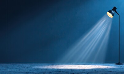Dramatic spotlight illuminates a dark blue room, creating a captivating atmosphere.