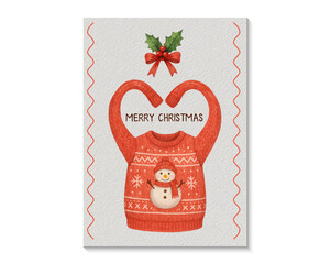Watercolor Christmas card with red festive sweater featuring snowman design, sleeves shaped like heart, holly leaves and bow on top, cozy holiday style. Vector illustration.