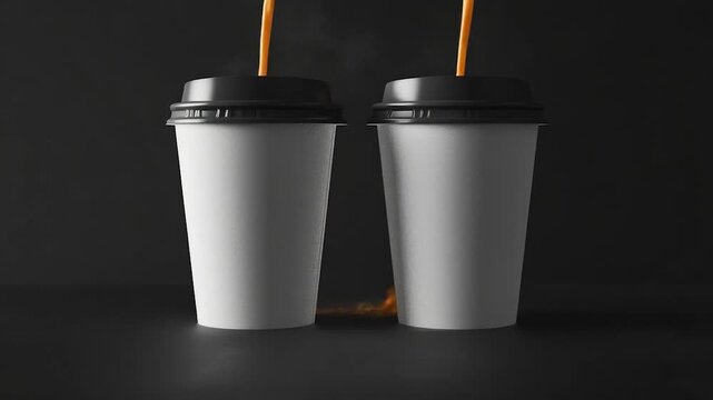 Two coffee cups sit on a dark background
