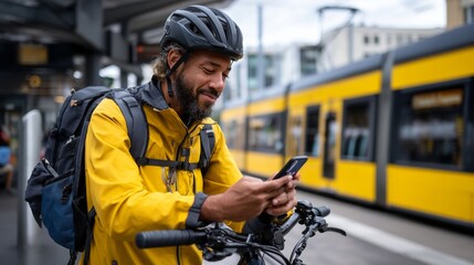 Man riding bicycle at train station, using phone while waiting for train.