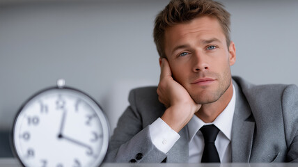 Minimal professional studio scene of a businessman in suit sitting wearily at desk beside big round clock, clean background with dramatic lighting emphasizing workplace monotony, lack of motivation, a