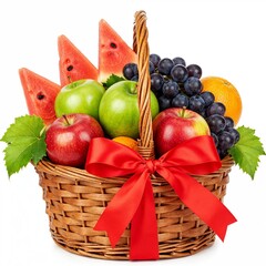 Festive fruit basket tied with red ribbon containing watermelon apples grapes on white
