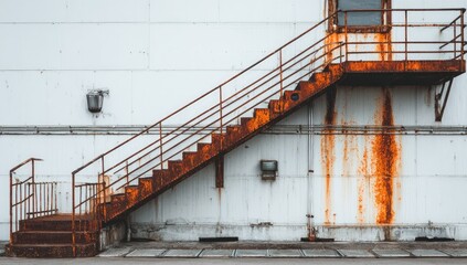 Rusted metal fire escape against a white industrial wall