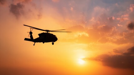 Obraz premium Silhouette of Helicopter Flying Against a Vibrant Sunset Sky