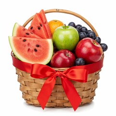 Festive fruit basket tied with red ribbon containing watermelon apples grapes on white