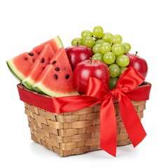 Festive fruit basket tied with red ribbon containing watermelon apples grapes on white