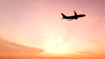 Silhouette of Flight: An airplane soars gracefully across a vibrant sky, silhouetted against a breathtaking sunset. A visual narrative of travel, freedom, and adventure.